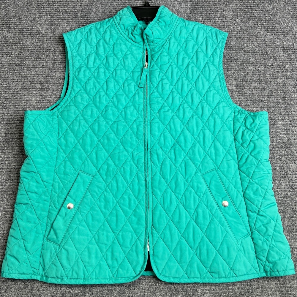 Lands End Womens XL Green Diamond Quilted Full Zip Mock Neck Vest Plaid Trim